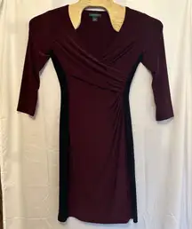 Lauren Ralph Lauren Size 6 Maroon Black Long Sleeve Faux Wrap Midi Dress Stretch