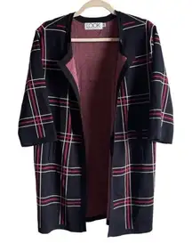 B2 The Look Womens Plaid Knit Cardigan Sweater Jacket Black Red White Pockets