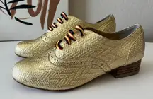 i’alave Metallic Gold Chevron Textured Lace Up Leather Oxford Shoes Size 37‎