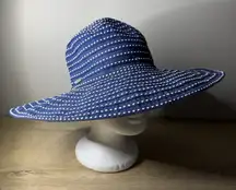 Scala Collezione Blue Polka Dot Wide Brim Sun Hat Ribbon Bow Floppy Beach Cap OS
