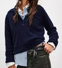 Free People We The Free Johnny Collared Cashmere Pullover Sweater Navy Blue Sz L