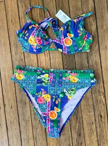 Cupshe Floral Print Bikini Set High Waisted Ruffle Trim‎ Swimsuit L