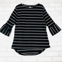 Tickled Teal Women's XL Top‎ Black White Striped Bell Sleeve Round Neck