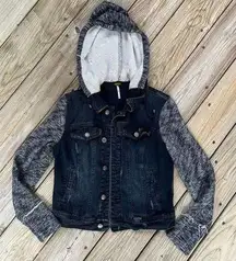 Free People Black Denim Trucker Jacket Hooded Distressed Knit Sleeves Size S