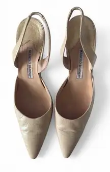 Manolo Blahnik Carolyne Serpent 256 Slingback Heels 40 Cream Snake Glitter RARE