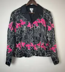 Chicos 2 Blazer Jacket Womens Large Embroidered Floral Silk Cotton Button Up‎ L