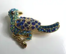 Monet Signed Bird on Branch Brooch Pin Gold Tone Rhinestones Sparkly Iridescent