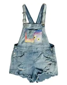 Almost Famous Juniors  Hand Painted Denim Shortalls Bib Overall Shorts Stretch L