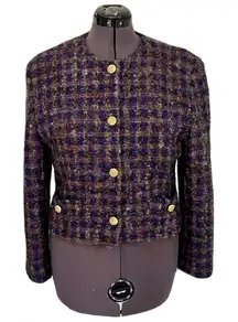 Vintage Ann Taylor Purple Tweed Wool Blend Wide Shoulder Cropped Blazer, Size 14