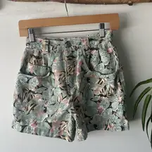 Vintage 90s Bonjour Shorts Womens 5/6 Green Floral Bird Outdoors Denim Summer