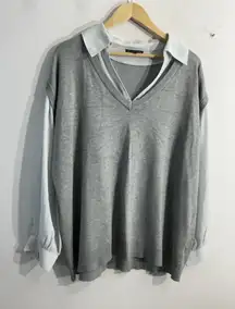 Womans Adrianna Papell Pullover Sweater With Attached Blouse 1 X Gray V Neck