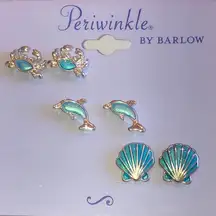 Periwinkle by Barlow Silver Tone Teal Enamel Crab Shells Dolphin Boho Earrings