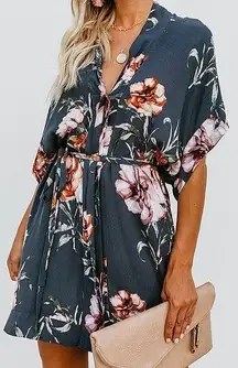 Dress Forum Blue Grey Floral Short Sleeve Button Down Shirt Dress Women’s Small