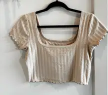 Offline by Aerie Cream Short Sleeve Lettuce Trim Women's Ribbed Crop Top Size L