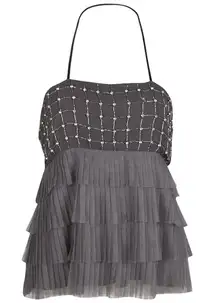 Alice + Olivia Pleated Halter Top gray silver beaded‎ Size Small