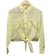 Magaschoni Women Linen Button Top Yellow S Tie Front Preppy Coastal Beach Travel