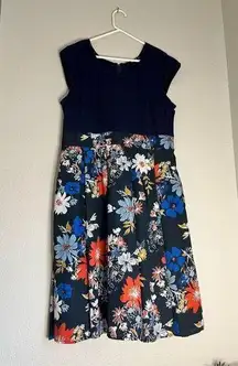 eShakti Women's Navy Floral Cap Sleeve Bow Detail A Line Dress - Size 16