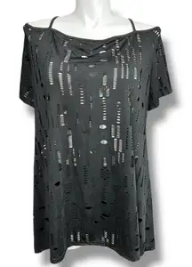 Womens Tunic Top Shirt Distressed Shredded Design Off Shoulder Chain Straps 2X
