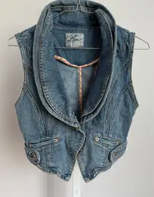 Mer Prim Denim Vest Y2k‎ 90s S Blue Jean Sleeveless Shawl Collar Cropped Fitted