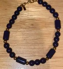 Vintage 8" Signed MONET Navy Blue Gold tone metal Bead Strand Bracelet