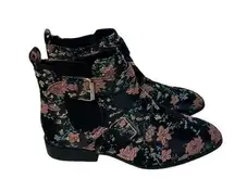 Primark Black Pink Blue Floral Embroidered Ankle Boots Booties with Buckles Sz 7