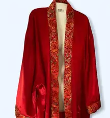 Red silk texture kimono with embroidered floral design XL