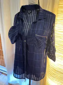 Bebe Sheer Sexy Blue Plaid Blouse Top, Deep V Neck