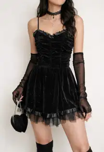 Dark Coquette Black Glitter Ruched Velvet Mini Dress Tulle Hem Y2K Partycore XS