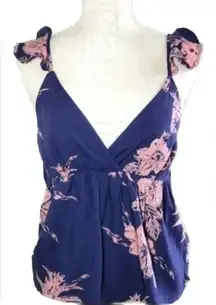 Roxy blue/pink floral flutter sleeve v-neck tank Juniors large