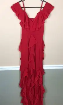 PrettyLittleThing Women’s Red Ruffle Off the Shoulder Leg Slits Maxi Dress