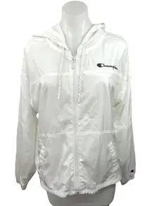Champion White Full Zip Hooded Drawstring Mesh Lining Windbreaker Jacket Size M
