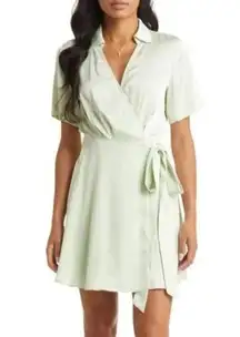 VICI  Wrap Mini Dress Misty Jade Collar V-Neck Satin Dress Wedding Guest NWT