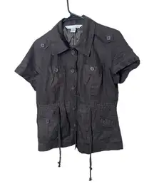 Lucy Laurel Women M Brown Linen Utility Top Button Front Drawstring Waist