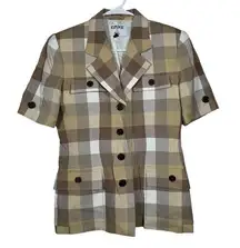 Kasper Short Sleeve Checkers Plaid Blazer Business Tan/Brown Jacket Size 4 #3185