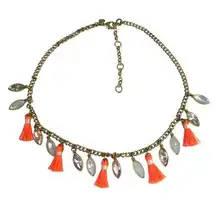 J.Crew  Orange Tassel Fringe Chain Necklace Cats Eye Rhinestone Bib Statement