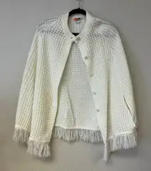 Vintage Crochet Knit Fringe Trim Button Front Cardigan Ivory