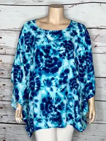 Quacker Factory Size 4X Blue Tie Dye Embellished Caftan Poncho Blouse Top