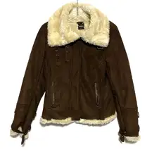 Express VTG Faux Suede Fur Brown Moto Bomber Jacket Womens S Zip Buckles Y2K