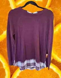 LOFT Purple Sweater with Plaid Underlayer and Back Neck Tie‎