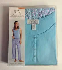 Oscar de la Renta Pajama Set Small Knit Tank & Ankle Pant Aqua Floral Sleepwear