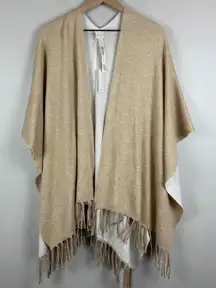 Chico's Cardigan One Size Beige Knit Asymmetrical Open Front Fringe Hem NWT