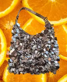 Gold Large Sequin Satchel Purse handbag with Decorative Beading at the Top‎