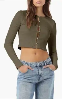 Cortina Rib Crop Long Sleeve Cotton Cardigan Small OLIVE Noisy May NWT