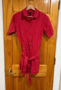 Banana Republic Petite Pink Red Button Front Shirt Dress Belted Linen Blend