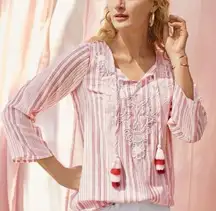 Soft Surroundings Boho Salma Embroidered Red Stripe Piped Blouse Sz 1X