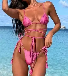 2 Piece Pink Bikini Wrap Around Tie Top & Side Tie Bottoms