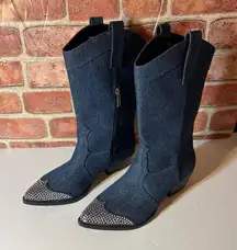 Karl Lagerfeld Lakota Boots Cowboy Denim Jeweled Almond Toe Western Rhinestones