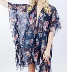 David and Young Kimono Semi Sheer Floral Ruffle Kimono Navy Blue