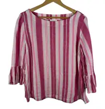 Charter Club 100% Linen Striped Top Large Pink Ruffle Cuff Preppy Coastal Beachy