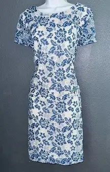 Blue & White Lace Floral Short Sleeve Dress Womens Large 14